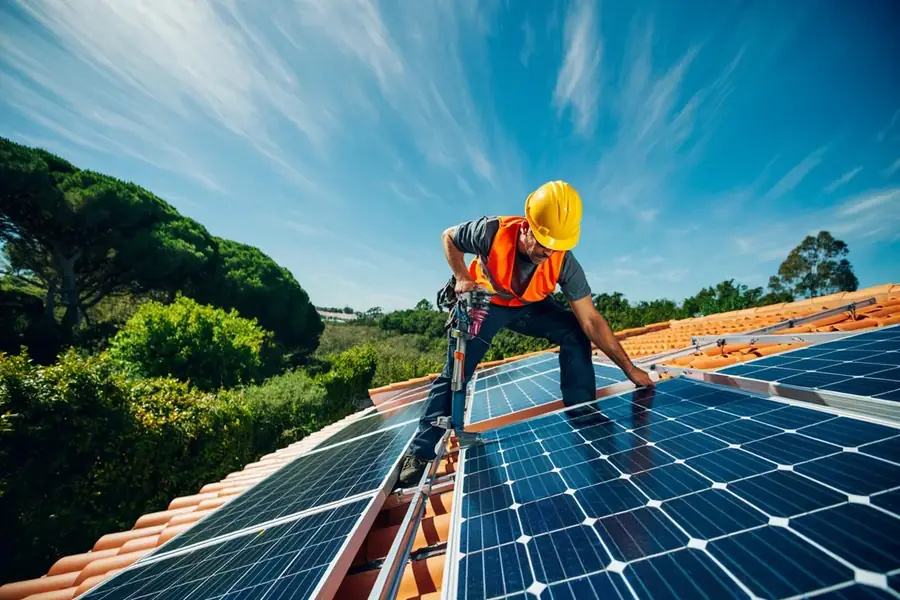 Técnico a instalar painéis solares em telhado em Sintra